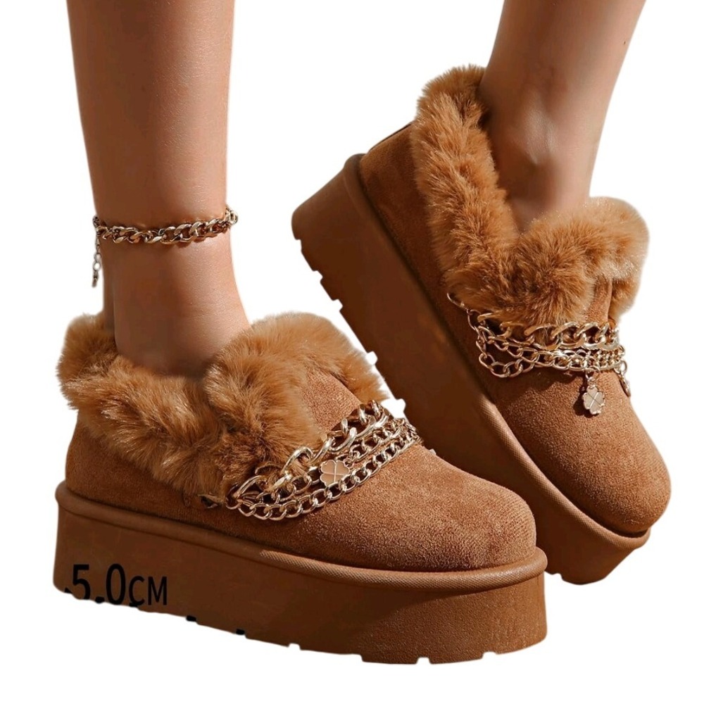 Platform Loafers Brown Faux Fur Gold Chain Accents Women's‎ Shoes 8